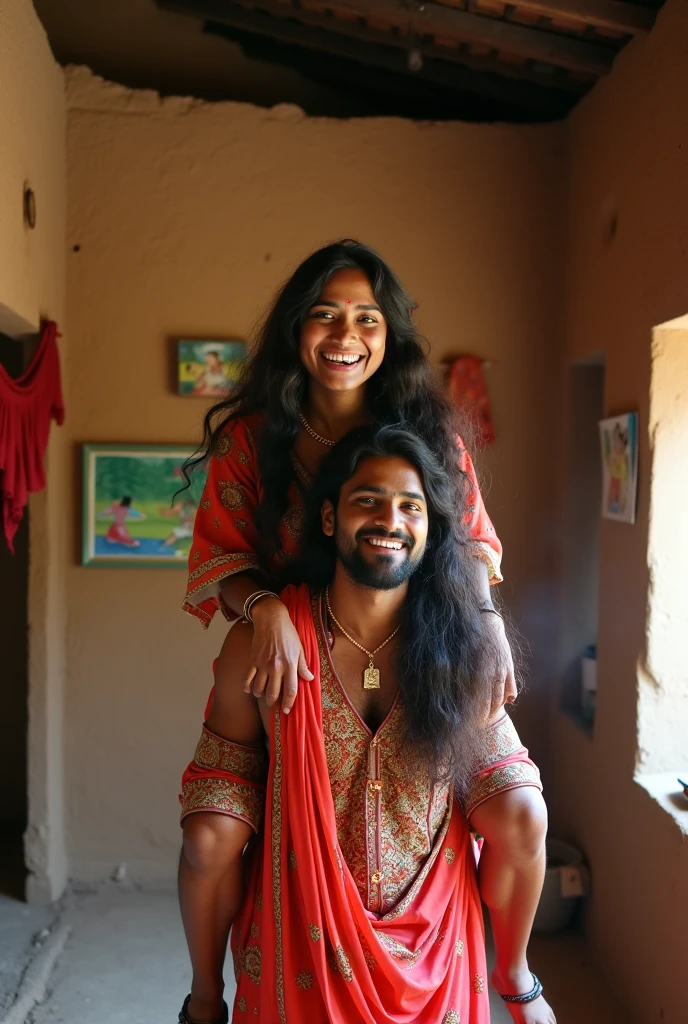 A smiling and beautiful fair indian woman with tied hair lifting and carrying a stout man on her shoulders, man is sitting on woman's shoulders, in a village room