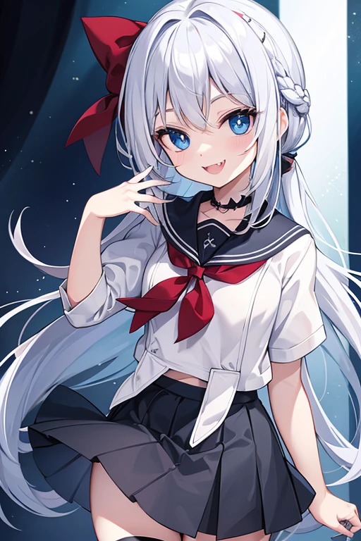 Vampire, blue ribbon sailor shirt, blue eyes, black skirt, white hair, french braid, black thighhighs, fangs, mischievous smile