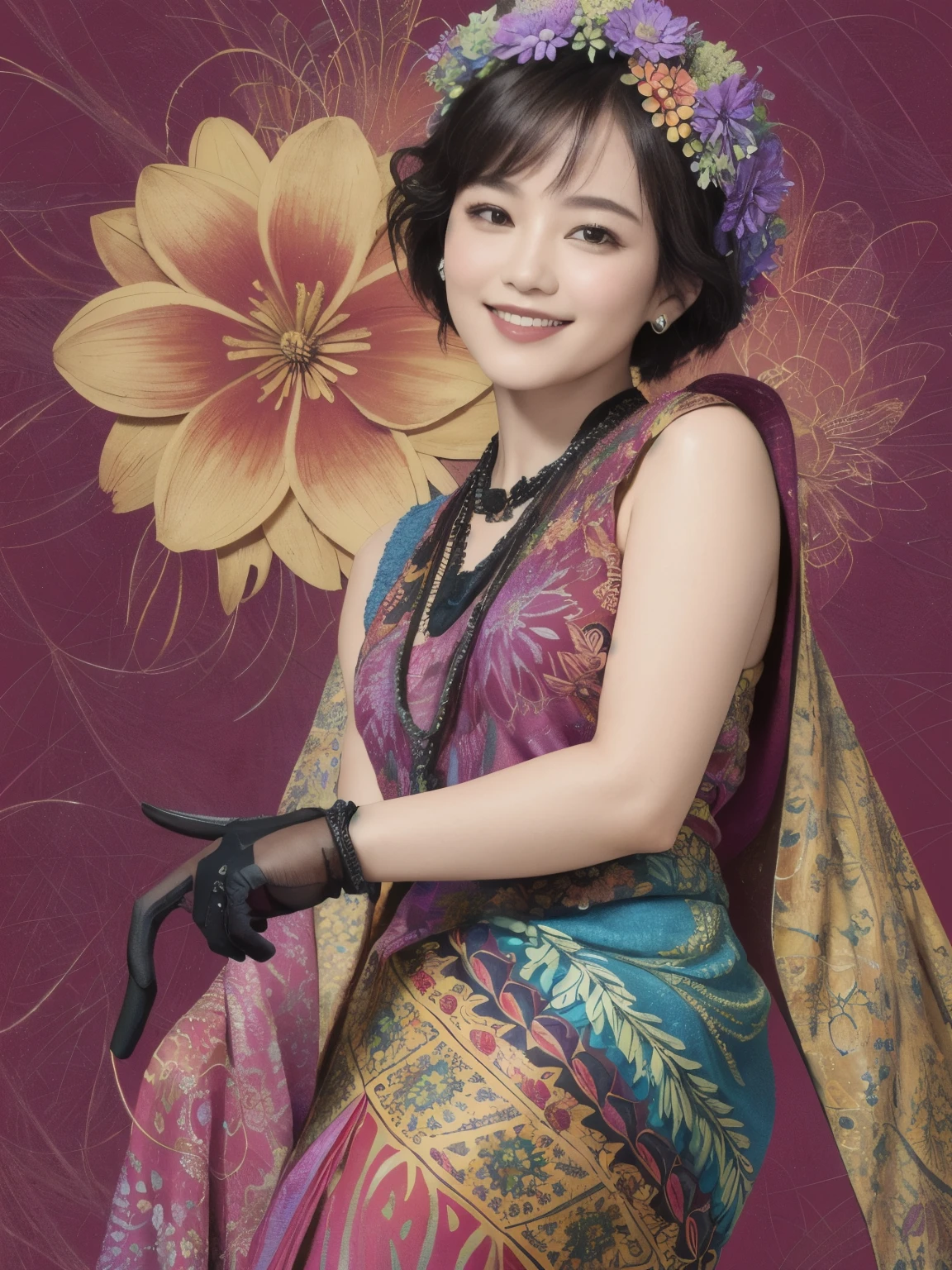 272 (20-year-old woman,short hair), (masterpiece, Highest quality, beautiful:1.2), Very detailed, (Fractal Art:1.1), (colorful:1.1), (flower:1.3), whole body, (Abstract background:1.3), (Many colors:1.4), (Old-fashioned smile), (Hawaii)
