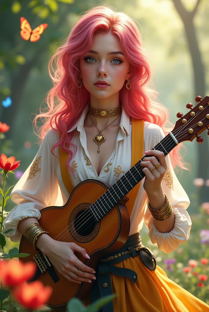 A femboy boy, Your hair is pink and red., Your eyes are different colors, one is purple and the other green, his skin is white and delicate and is covered in a shiny golden powder that is like makeup, he also has magical runes tattooed on his body, he is of noble origin and his father is a genius, he loves to adventure, Of butterflies and flowers, he is a bard and always carries his beautiful lute and his beautiful sword, he likes to wear delicate rings, a choker and a heart necklace, your nails are also delicate and painted.