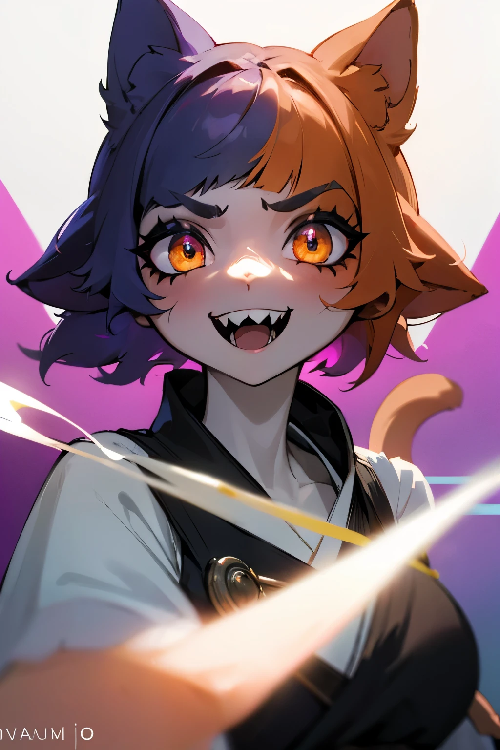 master masterpiece, 4k, highly detailed, HDR, subsurface scattering, cinematic light, (beautiful detailed eyes:1.6), extremely detailed face, 1 girl, cat ears, meowskulls, short hair, messy hair, multicolor hair, goth robe, robe, calico cat fur, Neko, vitiligo, neon ambar eyes, swirling pupils, multicolor skin, sharp teeth, large smile, Clear focus，hard lighting，vivd colour