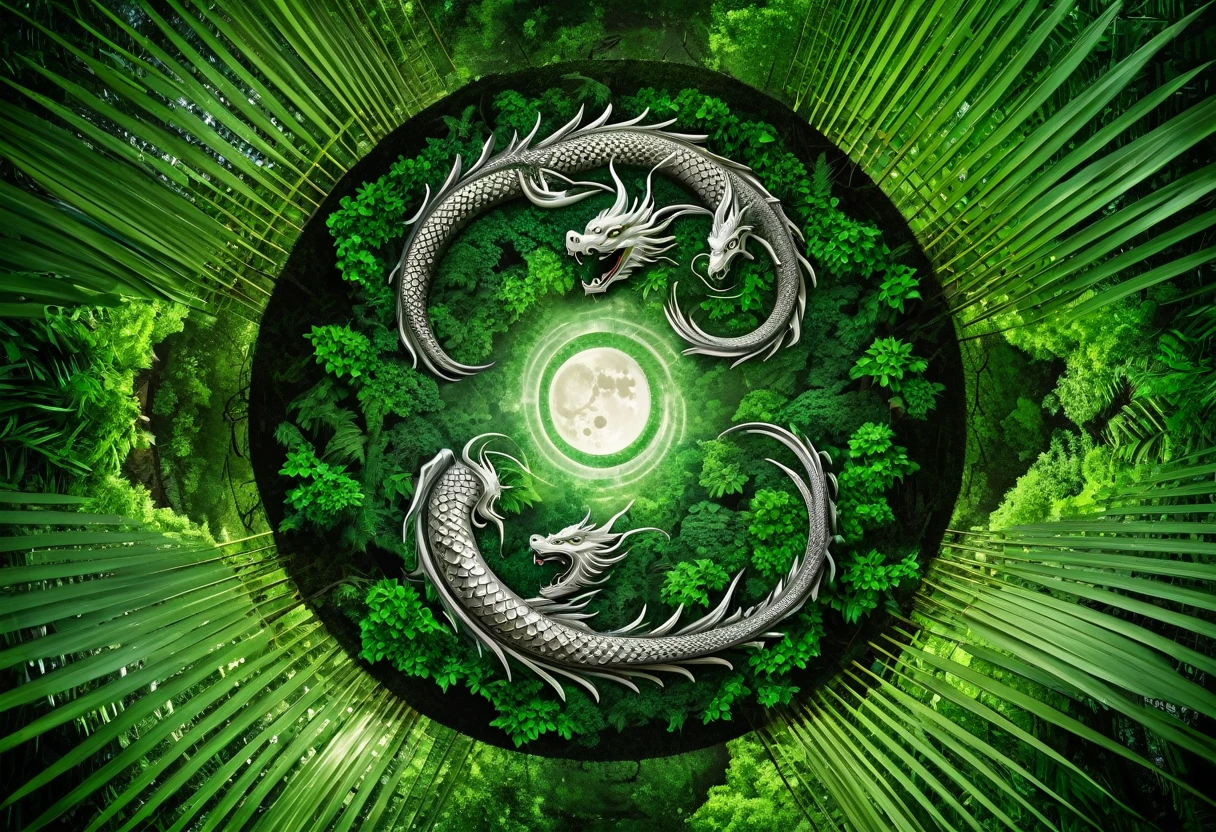 Bamboo Forest, 2 fantasy oriental dragons Yin and Yang chase one another in circles disturbing the canopy of the forest, high fantasy, viewed from above looking down at an angle