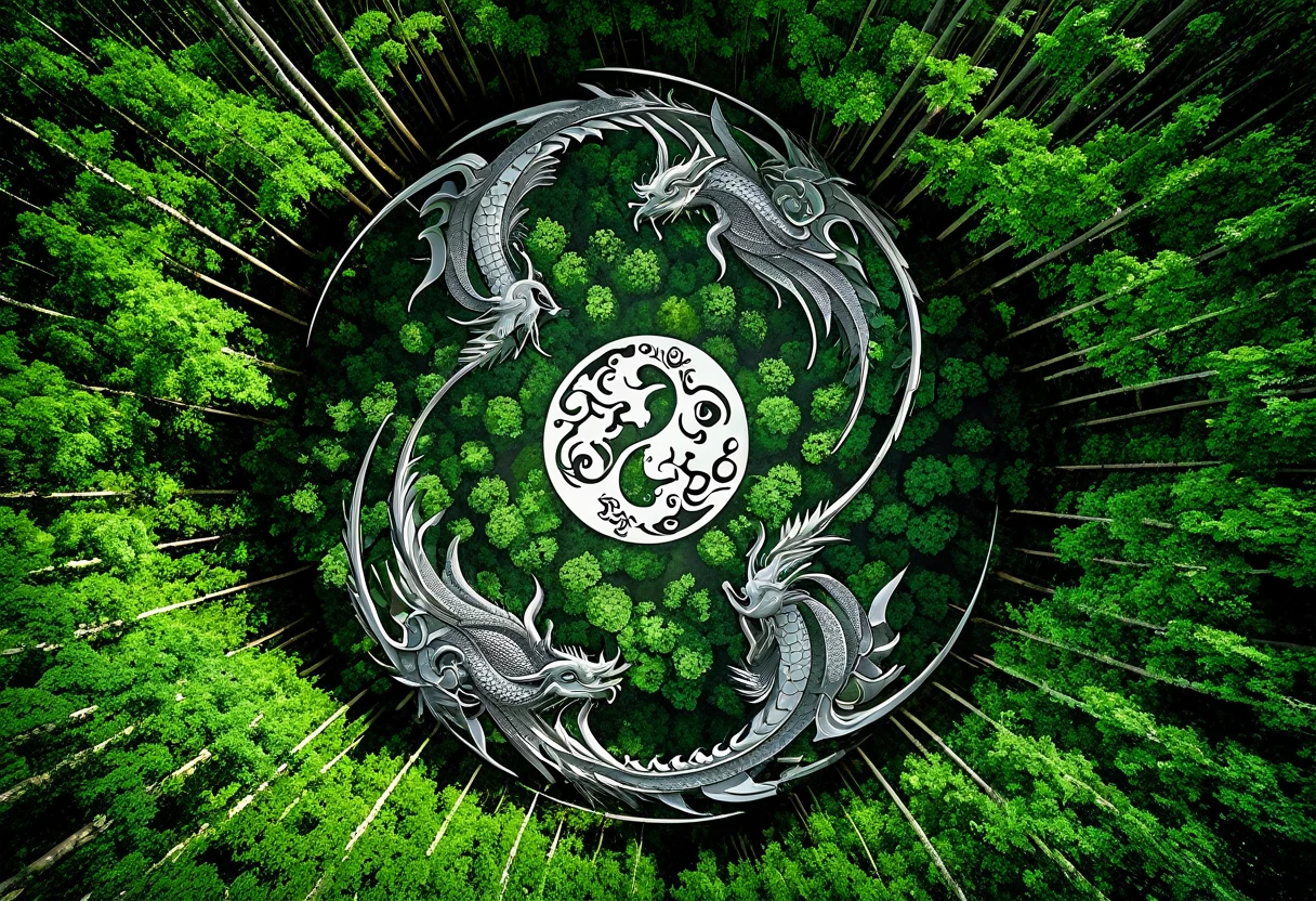 Bamboo Forest, 2 fantasy oriental dragons Yin and Yang chase one another in circles disturbing the canopy of the forest, high fantasy, viewed from above looking down at an angle
