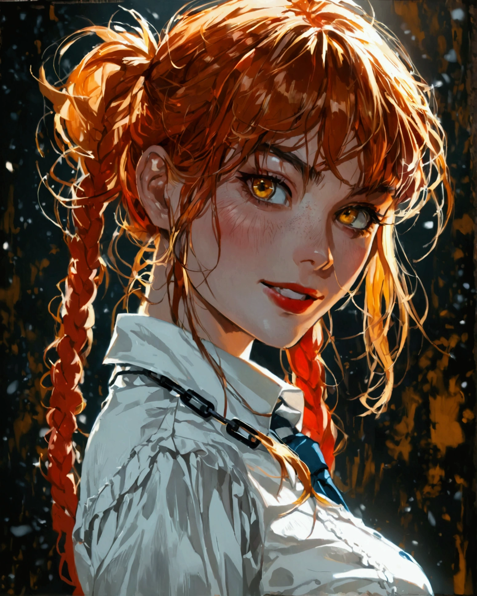 makima with the face of Margot Robbie (chainsaw man), best quality, ultra detailed, 1girl, solo, standing, red hair, long braided hair, golden eyes, bangs, medium breasts, white shirt, tie, look, smile, (bad: 1.2), looking at the viewer, (interview: 1.3), (dark background, chains: 1.3), from above, sharp contrast, beautiful detailed eyes, focus, close up shot