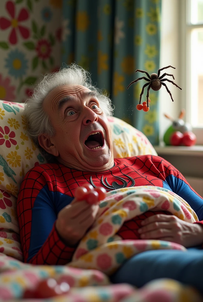 The 60-year-old man is lying down eating grapes., A large spider crawls onto the bed, the old man is horrified, 3D 4K image, funny picture, the old man is terrified and then turns into Spiderman.