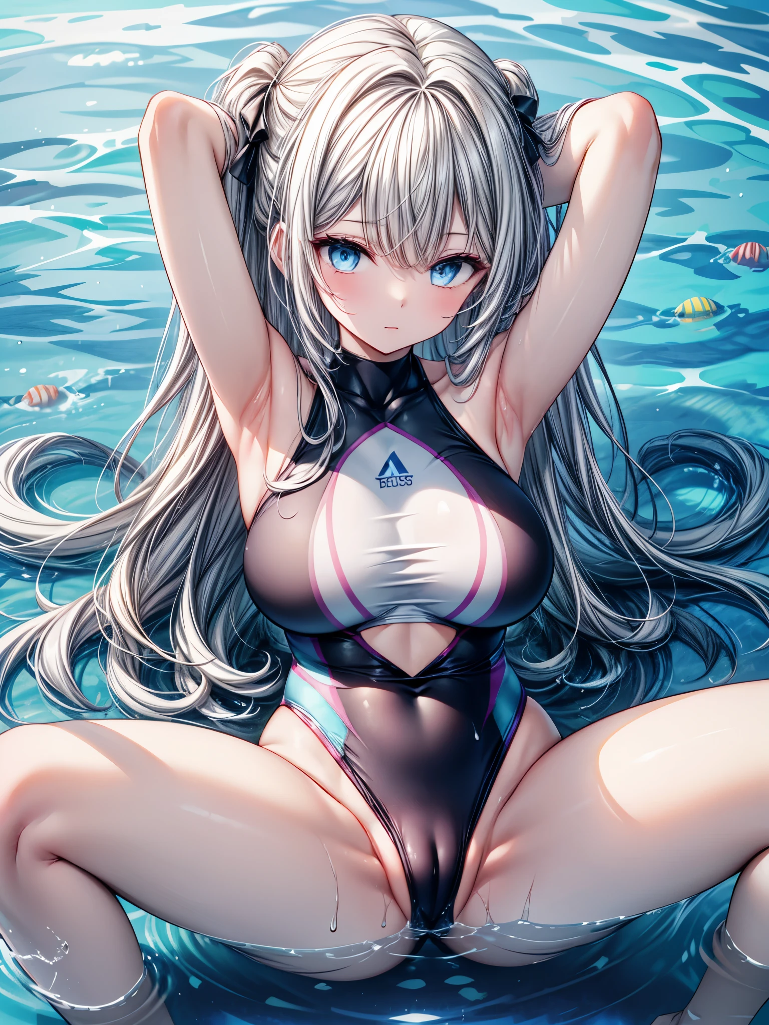 masterpiece, best quality, 1 girl, solo, large breasts, dark blue eyes, bangs, gray hair, long hair, blue competitive swimsuit, (shallow pool:1.2), (wet:1.1), water drops, povpinch, hand on pussy, cleft of venus, pussy, looking at viewer, spread legs, pov, pov hand, arms up, arms behind head, from above