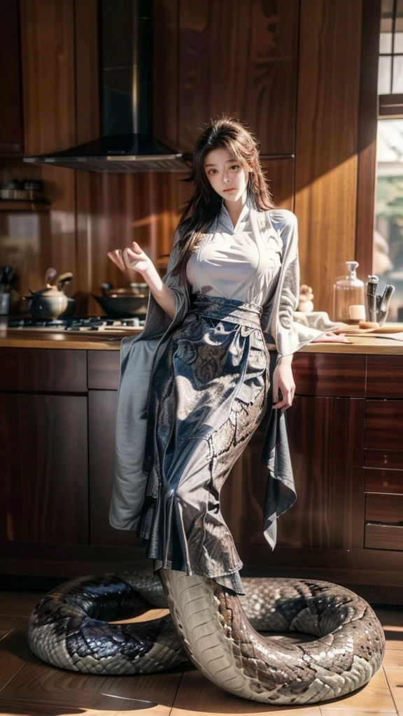 best quality,masterpiece,Ultra-high resolution,(truthfully:4：0）,Eastern Snake Woman,Lamia.long hair shawl,wear cool clothes,apron,Cooking in the kitchen