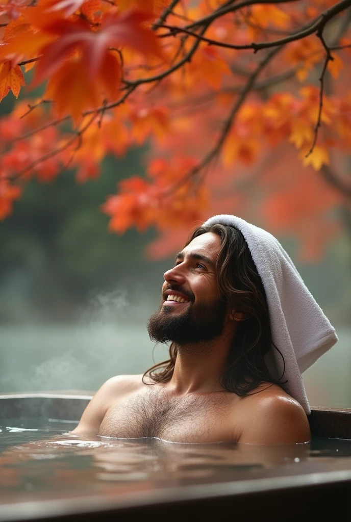 Jesus Christ bathes in a warm hot spring under a tree with red and orange gradation leaves. He is soaking up to his shoulders in hot water, looking up at the autumn leaves. he is shining He is smiling and seems happy. Jesus of Nazareth is depicted as a gentle, gentle man with shoulder-length hair. His wavy brown hair cascades over his shoulders. His face conveys deep wisdom and empathy, radiating warmth and understanding. He has a folded white towel on his head. His cheeks are slightly red. relax. Autumn in Japan. Steam is coming out from the hot spring. Autumn photography in Japan, highly detailed, trending at art stations, sharp focus, studio shot, intricate details, Greg Rutkowski,