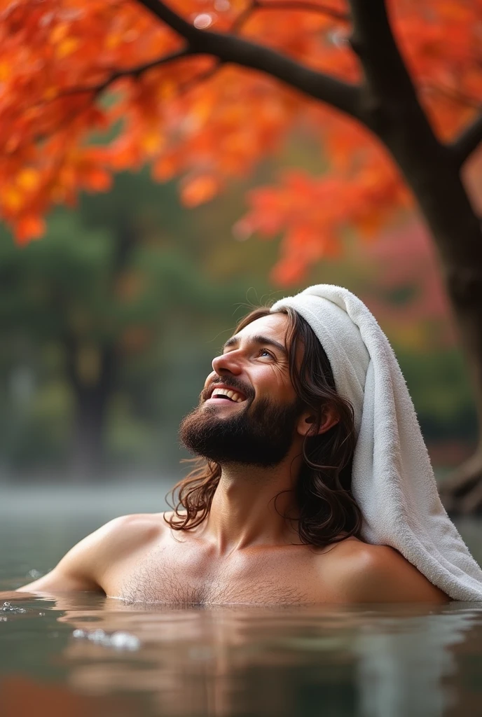 Jesus Christ bathes in a warm hot spring under a tree with red and orange gradation leaves. He is soaking up to his shoulders in hot water, looking up at the autumn leaves. he is shining He is smiling and seems happy. Jesus of Nazareth is depicted as a gentle, gentle man with shoulder-length hair. His wavy brown hair cascades over his shoulders. His face conveys deep wisdom and empathy, radiating warmth and understanding. He has a folded white towel on his head. His cheeks are slightly red. relax. Autumn in Japan. Steam is coming out from the hot spring. Autumn photography in Japan, highly detailed, trending at art stations, sharp focus, studio shot, intricate details, Greg Rutkowski,