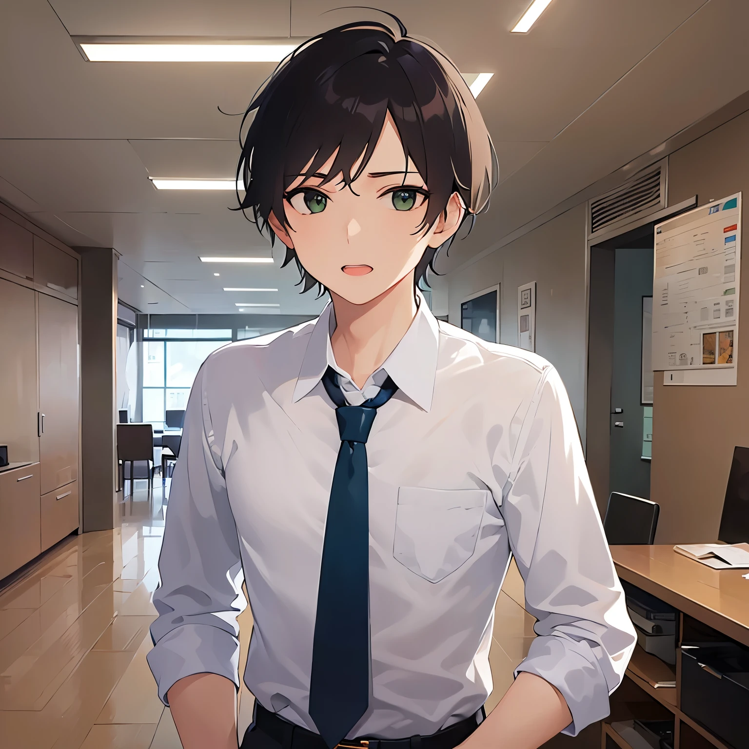 (looking at viewer:1.5),upper body,Are standing、
shiny skin, masterpiece、Highest quality、
BREAK (25-year-old male:1.5) and (Brown short hair) and (Green Eyes)BREAK
BREAK (white collared shirt) and (Green tie)BREAK
serious、open mouth,The background is the conference room、(alone:1.5)