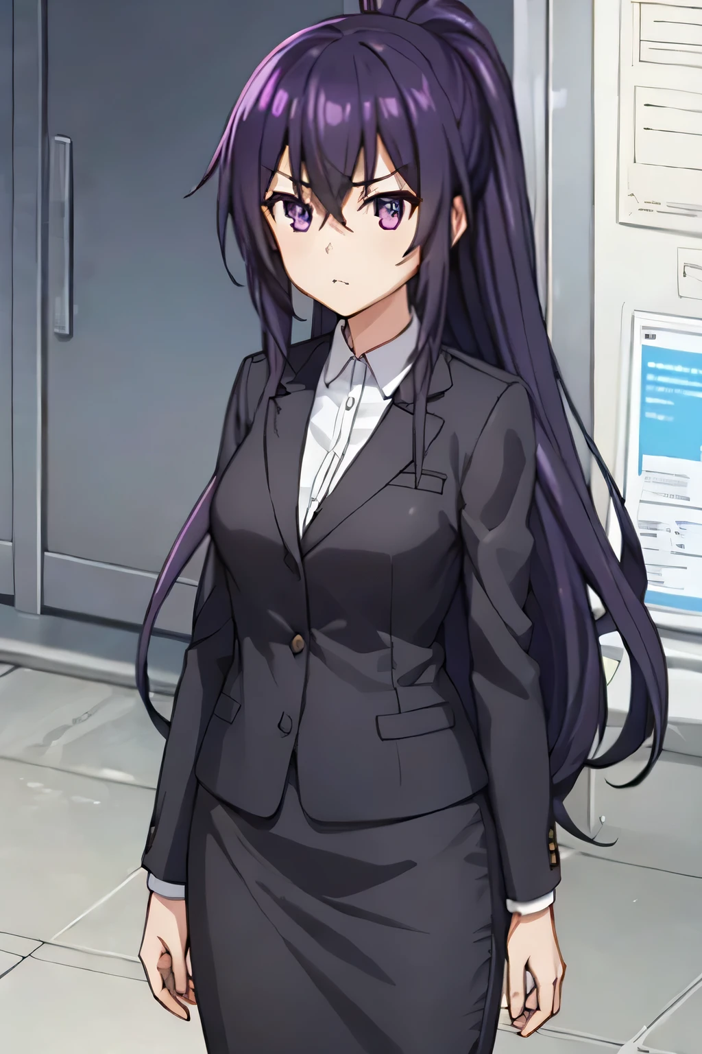 1girl, tohka yatogami, suit, office lady, black skirt, black blazer, pencil skirt, white shirt, collared shirt, long hair, teenager, looking at viewer, full body, 