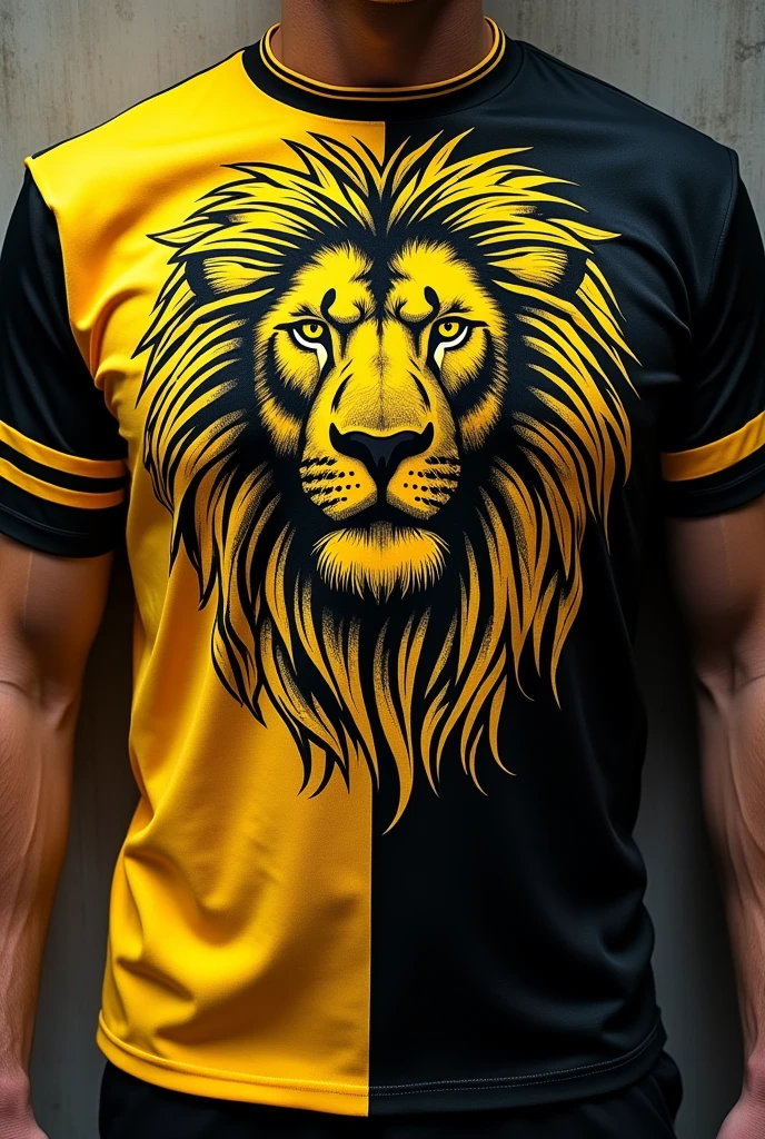 'first creat a" jersey shirt " were i can see the front with a color combination of half yellow and half black then put a tag name " BSBA " then drawing a lion behind the tag name only yellow and black color is used please a realistic one and fill the whole shirt of a head of a lion