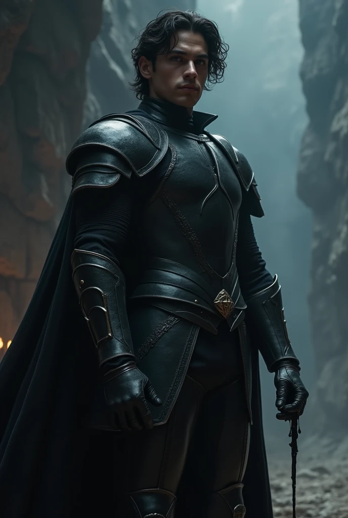 His hair is black, his skin is black, and he wears a nice black suit of armor. a young man with a beautiful face. He has a black cloak. His eyes are serious, his face is serious. He has a black slimy substance in his hand. A small part of her hair covered her left eye