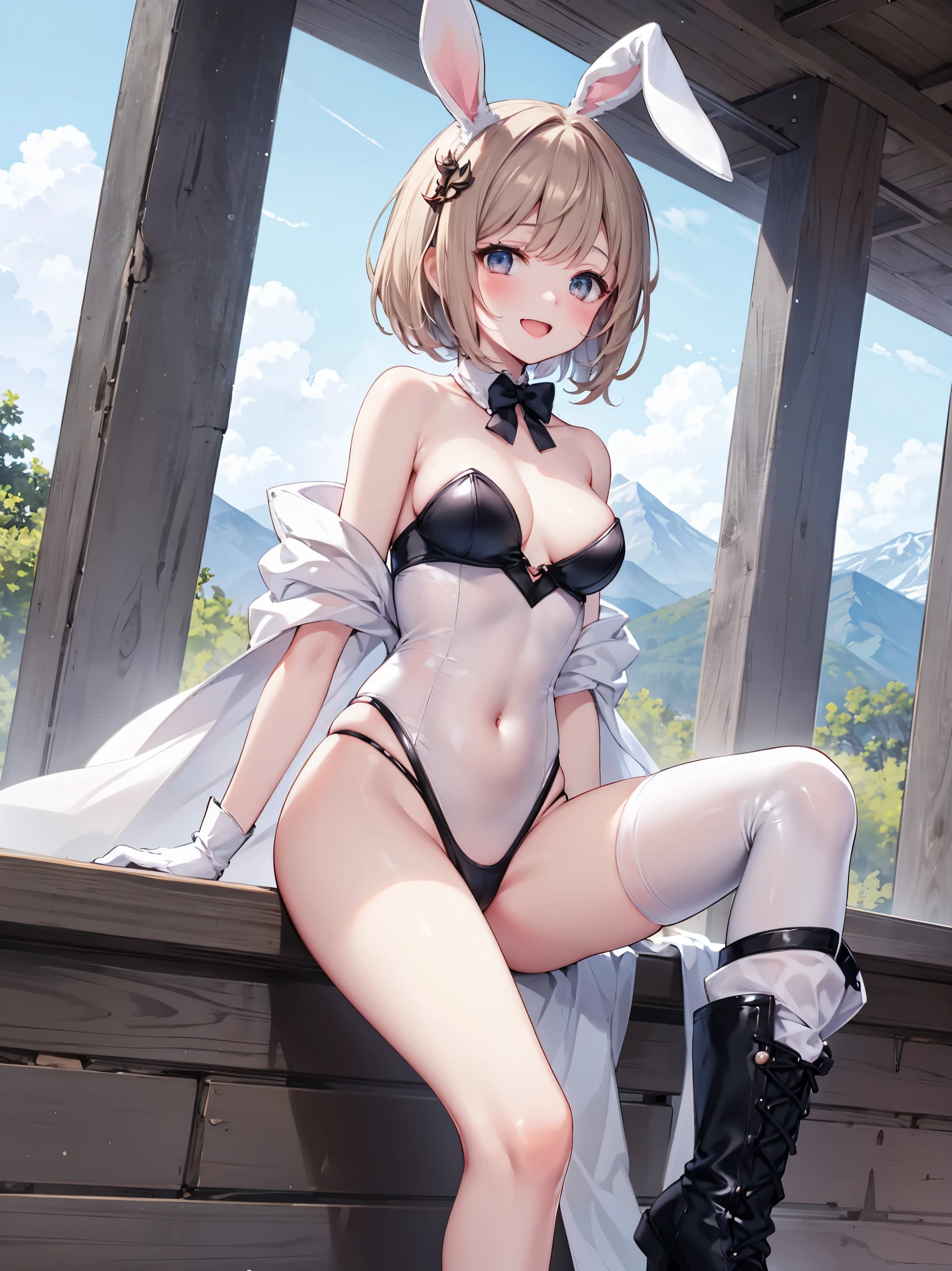 GRANBLUEfantasy,ung_teeirl,brown_hair,medium_bob_hair,platina_blond_hair,white_leotard,covered_crotch,thigh-highs,smile,standing,bluesky_landscape_background,slightly_spread_legs,happiness, short_gloves ,solo, r18, navel,relicbuster,short,boots,open_mouth,sitting,knees,blush,shy,bunny_ears