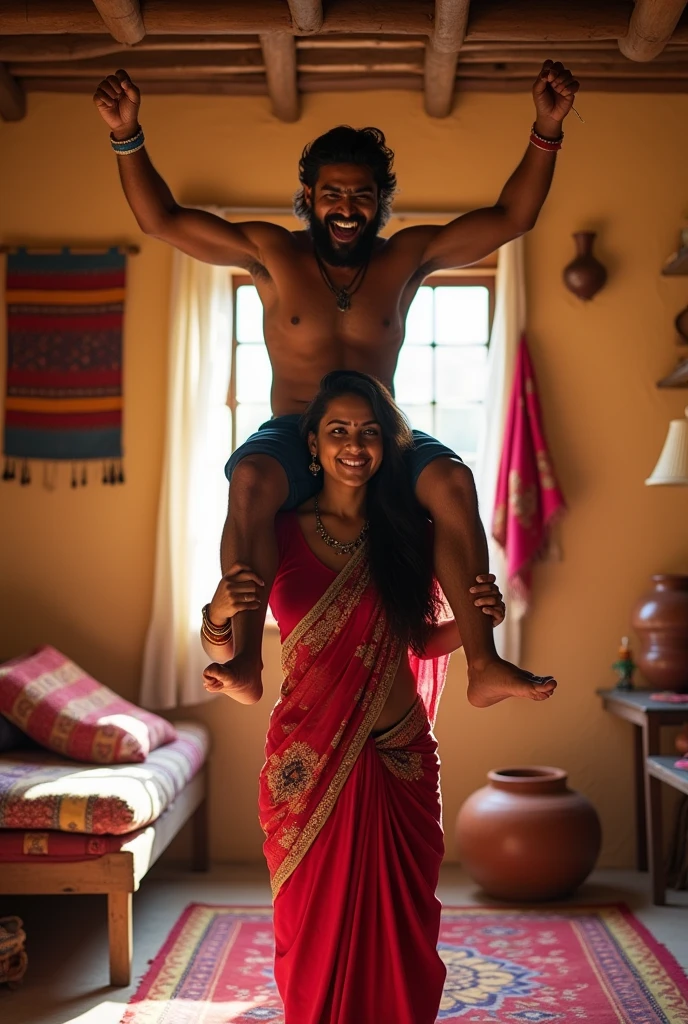 A smiling and beautiful indian woman lifting and carrying a stout man on her shoulders, man is sitting on woman's shoulders, in a village room