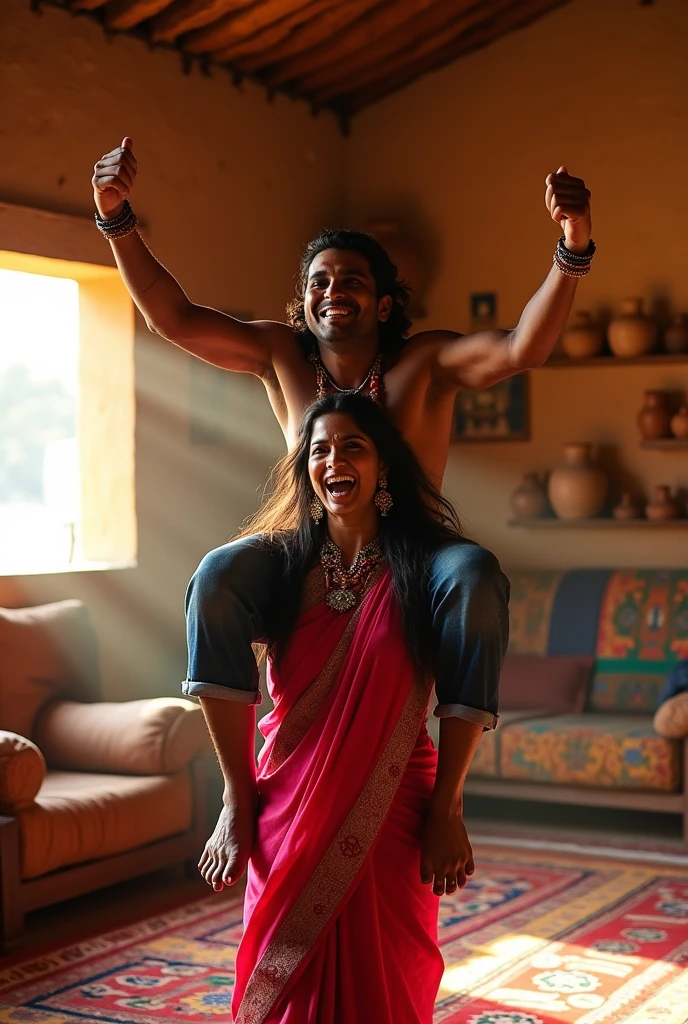 A smiling and beautiful indian woman lifting and carrying a stout man on her shoulders, man is sitting on woman's shoulders, in a village room