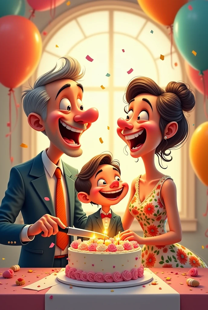 Caricature image of a Father mother and son cutting cake for wedding anniversary