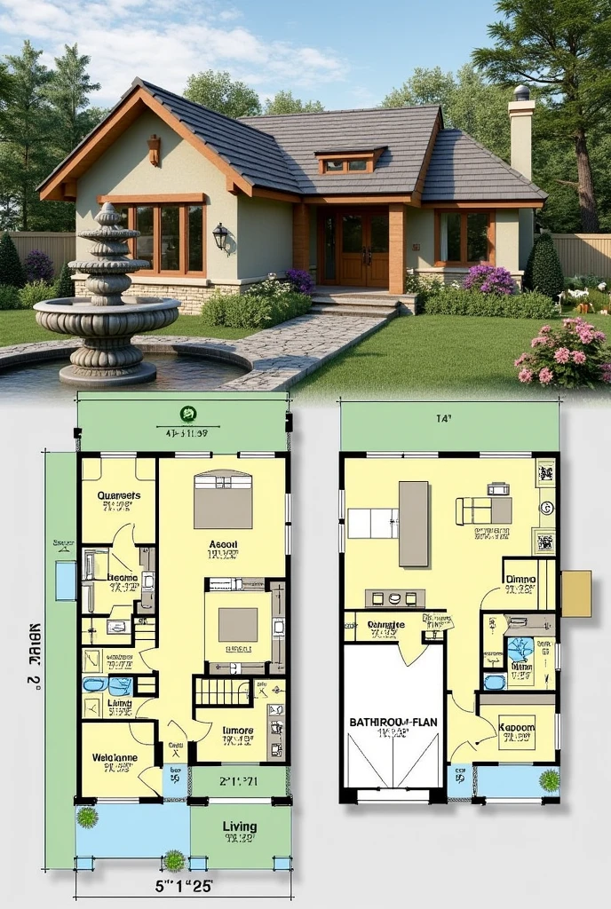 Create an architectural plan
of a house with a garage, quarter, Bathroom, living room, dining room, kitchen and have a view of the garden where there will be a fountain and a garden behind that will have animals and trees