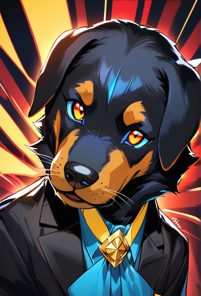 a Brown Furry Cute Tom Dark, blue colored eyes, slicked black hair, 1 Vibrant Yellow Streak in the Hair, Doberman ears, He has a strong Red Eyeliner Around his Eyes.