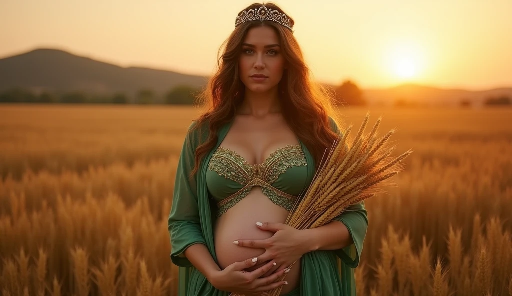 Greek goddess, more full-figured, Voluminous breasts with a greenish tunic with gold threads., very wide gold bracelet, modern gold tiara on head, pregnant with fair skin and long wavy light brown hair reminiscent of the figure of the goddess DEMETER, holding a sheaf of wheat, In the background, a wheat field at sunset, convey depth, The goddess is fully connected to her womb and her 