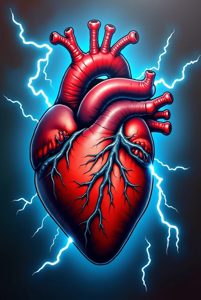 Real heart tattoo with blue thunderbolts piercing it