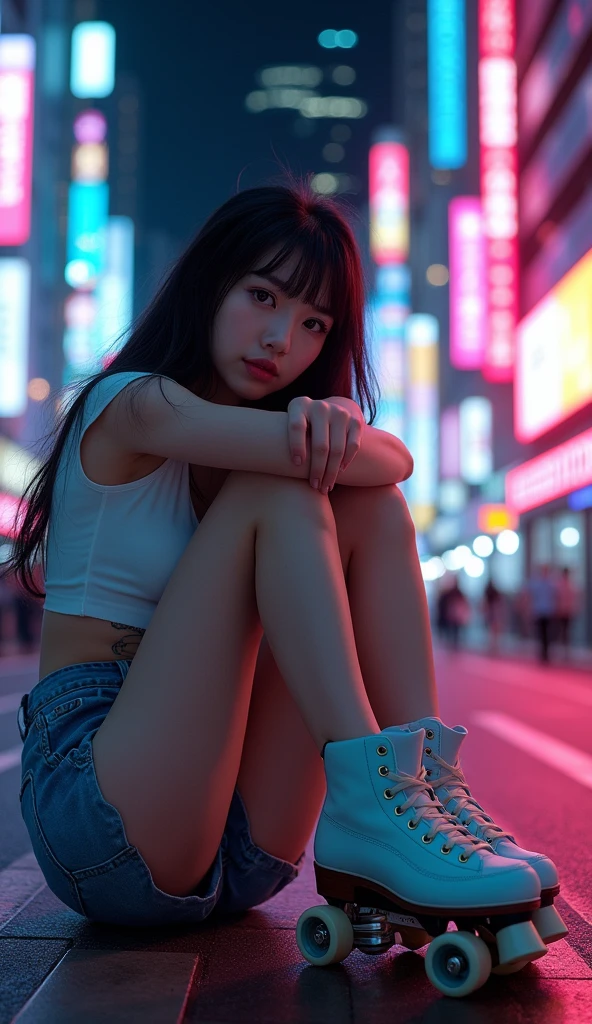 ultra-realistic, photorealistic, (20 years old Japanese famous idol girl:1.5), very beautiful Japanese, wearing a roller skate, sitting at downtown at night, cyber punk, amazing view of cyber punk metropolitan, masterpiece, (face focus:1.6), beautiful eyes, wearing a cute casual wears, very large breasts, beautiful face