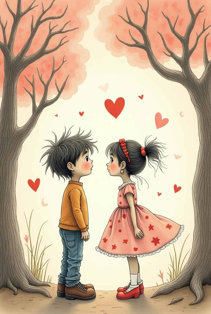 A drawing in the style of those Tim Burton used to make for his wife Helena with crayons, a romantic depiction of a boy and a girl, easy to draw with scribbles.