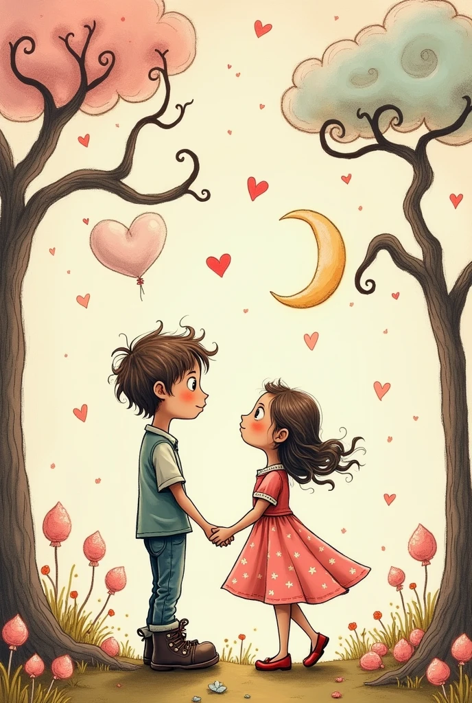 A drawing in the style of those Tim Burton used to make for his wife Helena with crayons, a romantic depiction of a boy and a girl, easy to draw with scribbles.