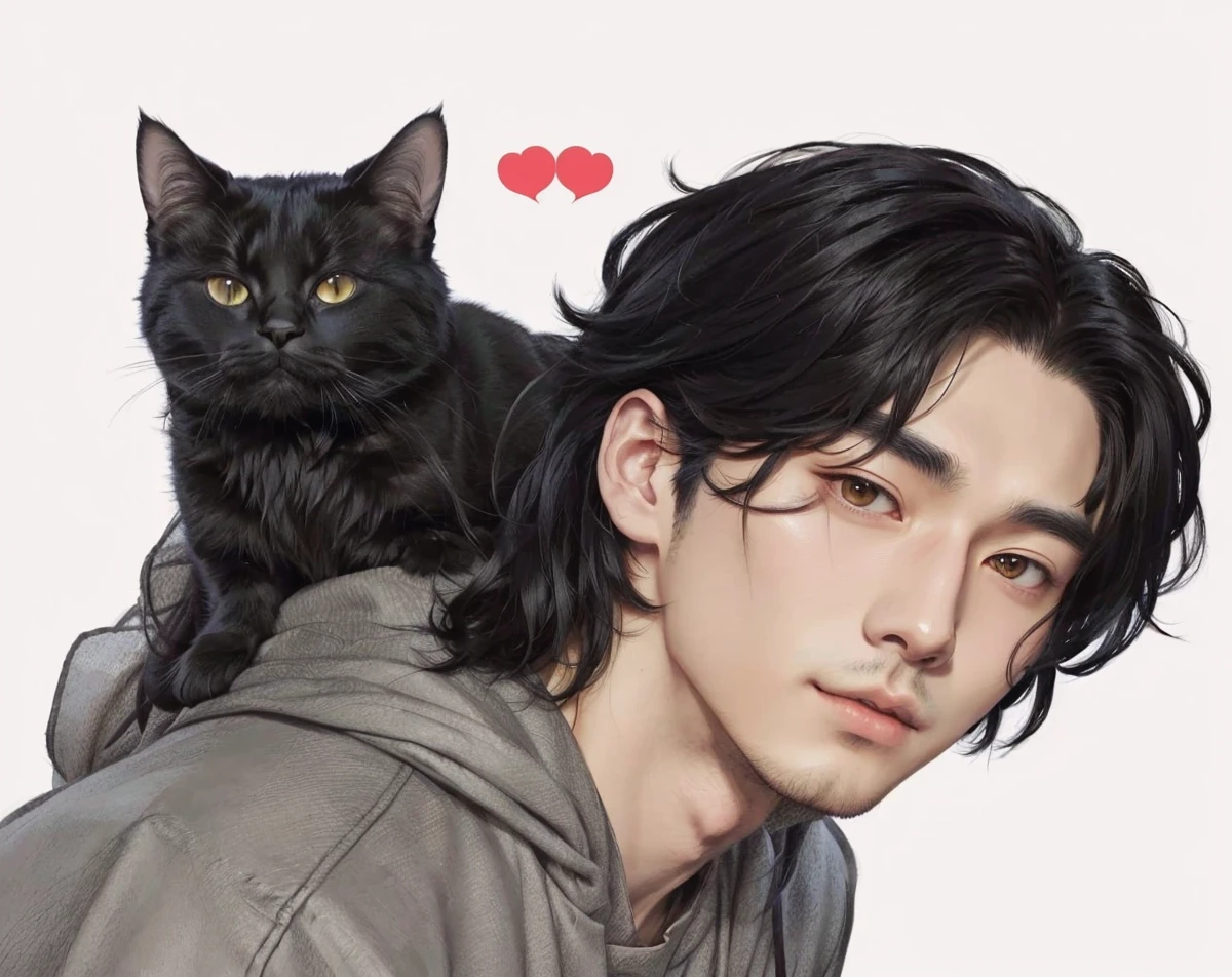 There is a drawing of a man with a cat on his shoulders., high quality fanart, handsome guy in demon slayer art, not anime style, non-style artwork by guweiz, 由杨J, in anime style, inspired by Zhang Han, realistic anime art style, realistic art style, trends in art, by Ni Tian, by Kun Can