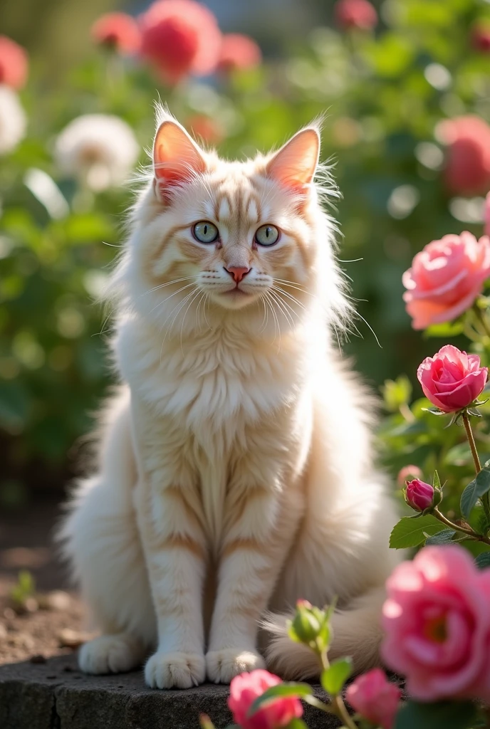 Generate a female Maine Coon cat with fluffy and soft fur. Her fur color will be pale blonde and she will have a fluffy tail. And her eyes are ice blue.