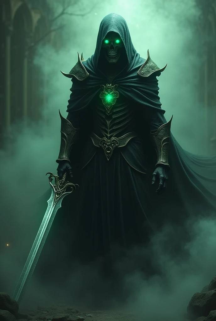 Generate an image of an undead specter that wields a sword and has time manipulation powers, wearing a hooded black armor with their face covered, and possessing bright green eyes