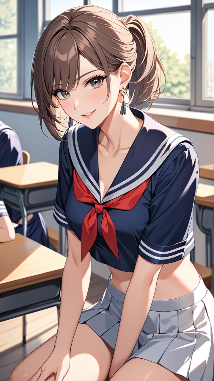 Highest quality　masterpiece　High resolution　masterpiece　Brown Bob　　Grey Eyes, high pony tail cut, wearing sailor uniform, seductive smile, tight, sit, classroom, midriff peek, mature female, adjusting hair, earrings,