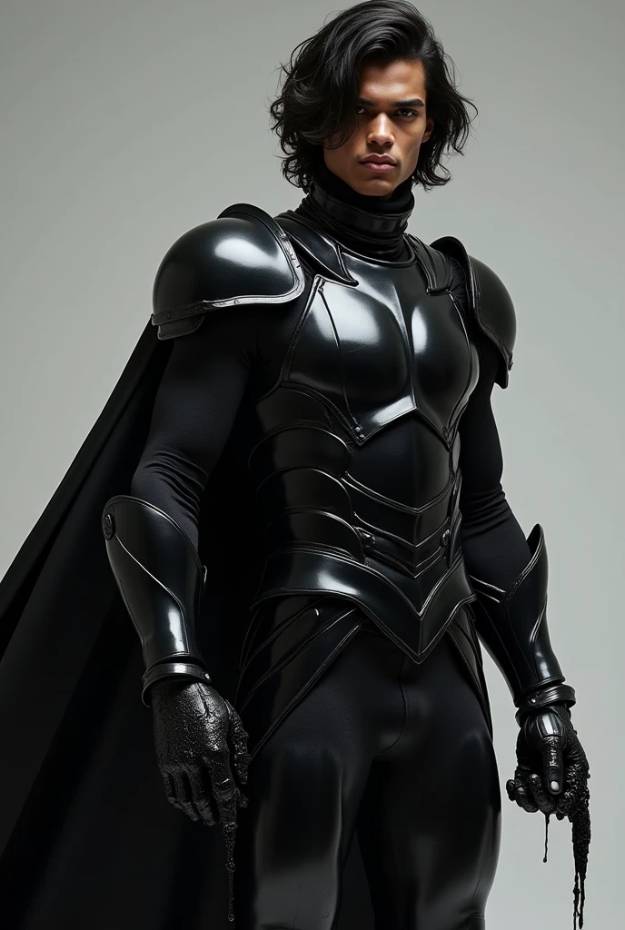 His hair is black, his skin is black, and he wears a nice black suit of armor. a young man with a beautiful face. He has a black cloak. His eyes are serious, his face is serious. He has a black slimy substance in his hand. A small part of her hair covered her left eye