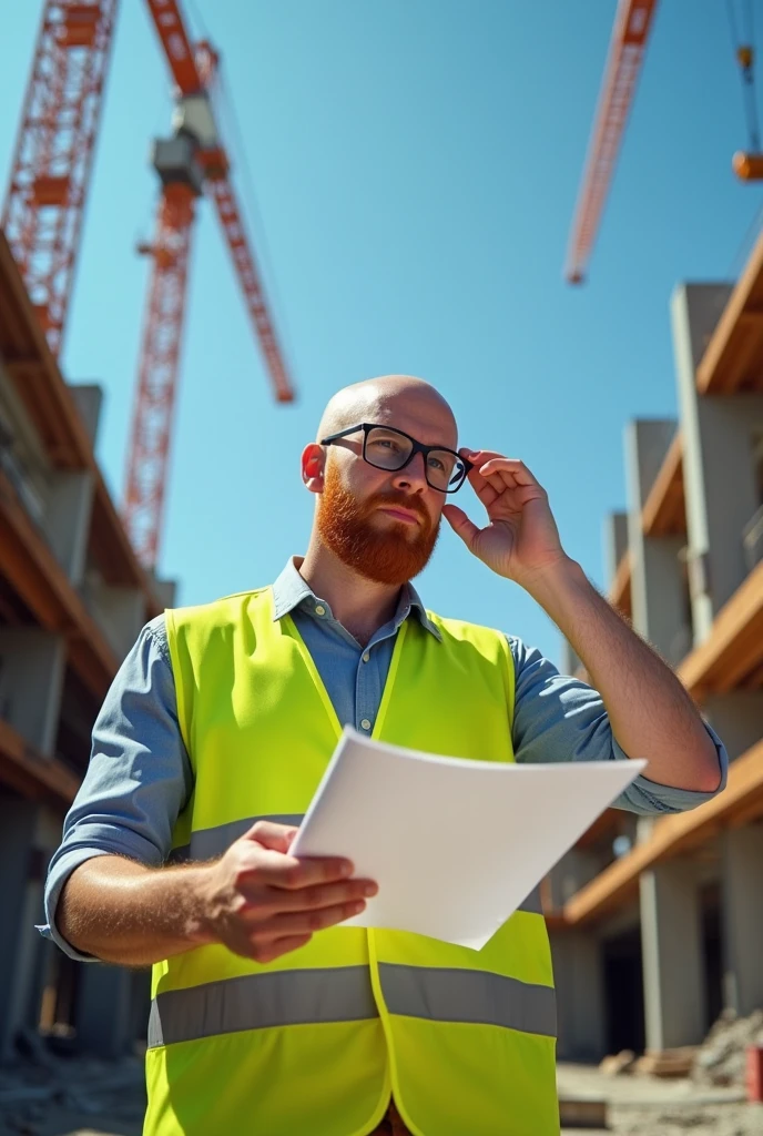make a bearded red-haired man, bald with little hair, with glasses and myopia, as a civil engineer, very skinny, with an engineer's helmet