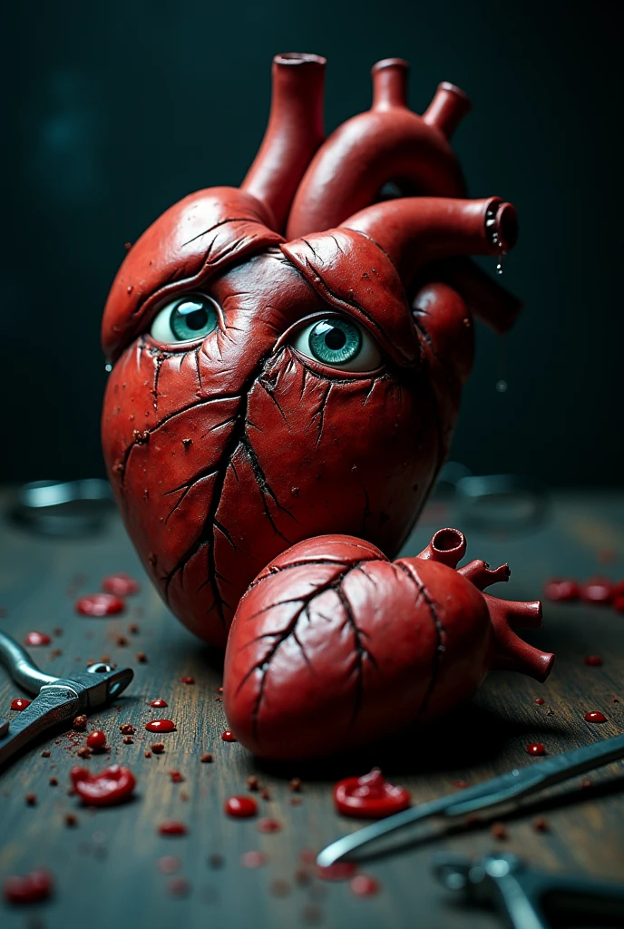 ""An image of a damaged heart with a sad, fearful expression, showing injuries like bruises and cracks. Cholesterol liquid is flowing out from inside the heart. In front, a lifeless death heart adds to the despair. Both hearts have sad eyes with teardrops. The dark background and tered surgical tools heighten the sense of medical shock and emotional distress."