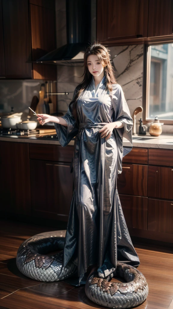 best quality,masterpiece,Ultra-high resolution,(truthfully:4：0）,Eastern Snake Woman,Lamia.long hair shawl,wear cool clothes,apron,Cooking in the kitchen