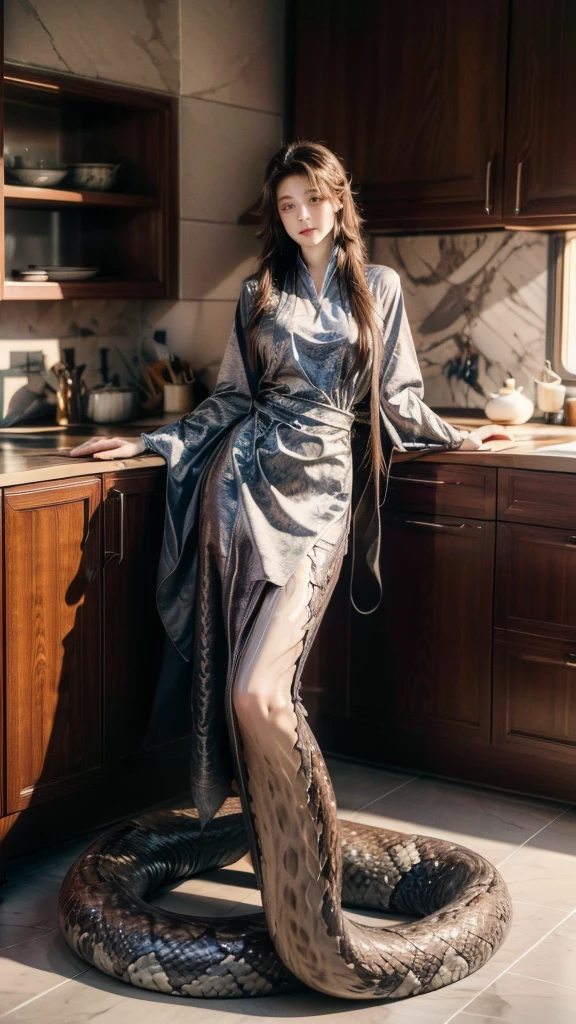 best quality,masterpiece,Ultra-high resolution,(truthfully:4：0）,Eastern Snake Woman,Lamia.long hair shawl,wear cool clothes,apron,Cooking in the kitchen