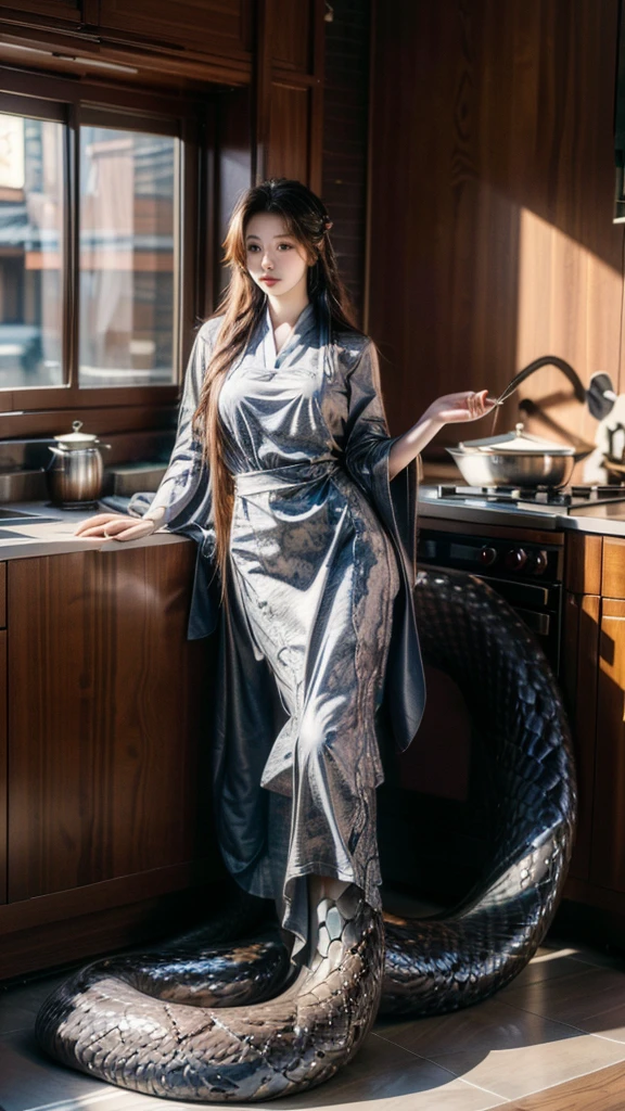 best quality,masterpiece,Ultra-high resolution,(truthfully:4：0）,Eastern Snake Woman,Lamia.long hair shawl,wear cool clothes,apron,Cooking in the kitchen