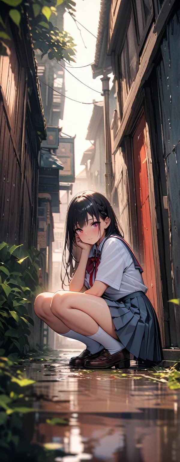 15 years old, (beautiful girl: 1.3),1girl,masterpiece, Highest quality, Ultra-high resolution,Rich contrast,super high quality,8k,Highly detailed CG unit wallpaper,texture,Incredibly absurd,Ultra-high resolution,RAW Photos,Depth of Field 1.2,overlooking,(magnificent panorama view:1.3),(High School Uniform&Pleated skirt:1.5),Black Hair,Crown braid,Ultra-detailed eyes,(Sensual),Glowing Skin,loafers,leaves dripping with rain,sunlight through trees,post-rain aroma,wet,大きな胸,雨の後,pencil drawing,squatting, spread legs