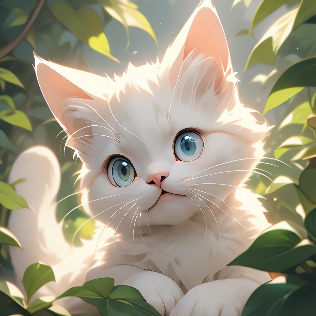 there is a white cat that is peeking out of a tree, looking up at the camera, looking up at camera, looking at camera!!!, looking into the camera, i see you, looking into camera, looking down at you, curious expression, cats and plants, staring at you, with cute doting eyes, staring into the camera, !! looking at the camera!!