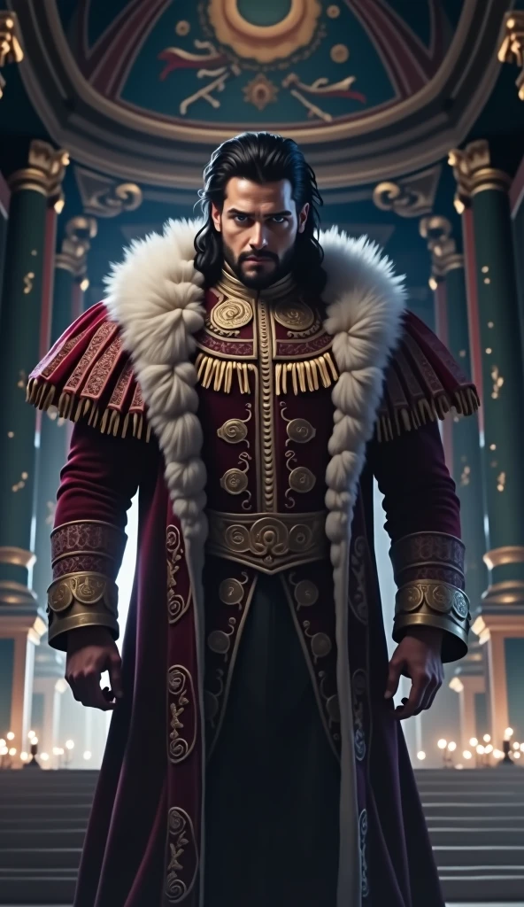 Imposing, strong and handsome emperor with European features 