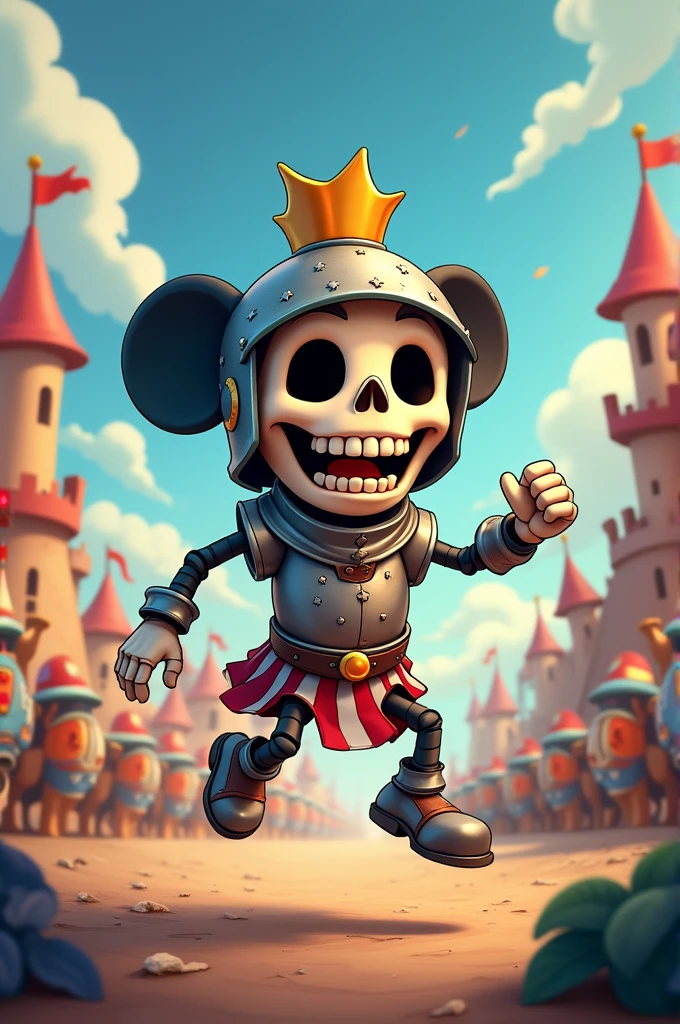 Generate a Clash Royale skeleton, with an old cartoon Mickey Mouse style, cheered up