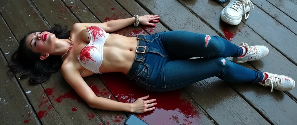 
((sexy 20s group of german girls)), dark blue tight skinny jeans, belt, nike white air force one sneakers, topless, (((full view))), full body view, lying facing backwards on the wood, dirty and wet skin, blood all over the body, wounds, scratches, bruise, dead, rest, lifeless, eyes closed, mouth open, necklace, showing tits and pointed nipples, wristwatch, bracelet, dead girl, corpse pose, street view, tortured, snowy weather, bloodbath, phone, handbag, tshirt on the floor