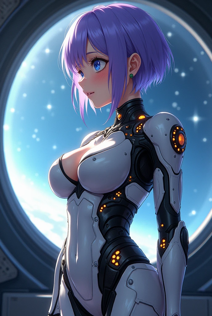 (full body photo:2), (one/woman/mechanic:1.8), (extremely large breasts:1.8), (all mechanical body:2), (with bionic armor:1.5), white with black gears, (she is inside a spaceship near the window seeing outer space:1.5), (she has very short purple straight hair:1.2), (blue eyes:1.2), (moaning:1.5), (blush:1.5), (is doing sensual poses standing up for the viewer:1.5),    anime style, Anime, 16k, high quality, textured skin, UHD, award-winning