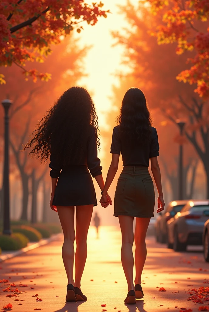 Two women walking hand in hand on a tree-lined boulevard, in a warm and romantic setting, in the style of a Disney Pixar movie. the first, Tami's Call, She has long curly hair, with a dark brown tone that reflects the light. Her skin is incredibly fair, almost like porcelain, and her eyes are big, dark brown, with a touch of sparkle typical of the Pixar style. measures approximately 1.60 meters, with a prominent bust and rosy cheeks that highlight her sweetness. Tami wears a black blouse