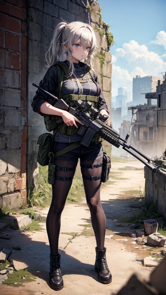 In the ruined city，wearing a grenade pouch，Barrett sniper rifle，