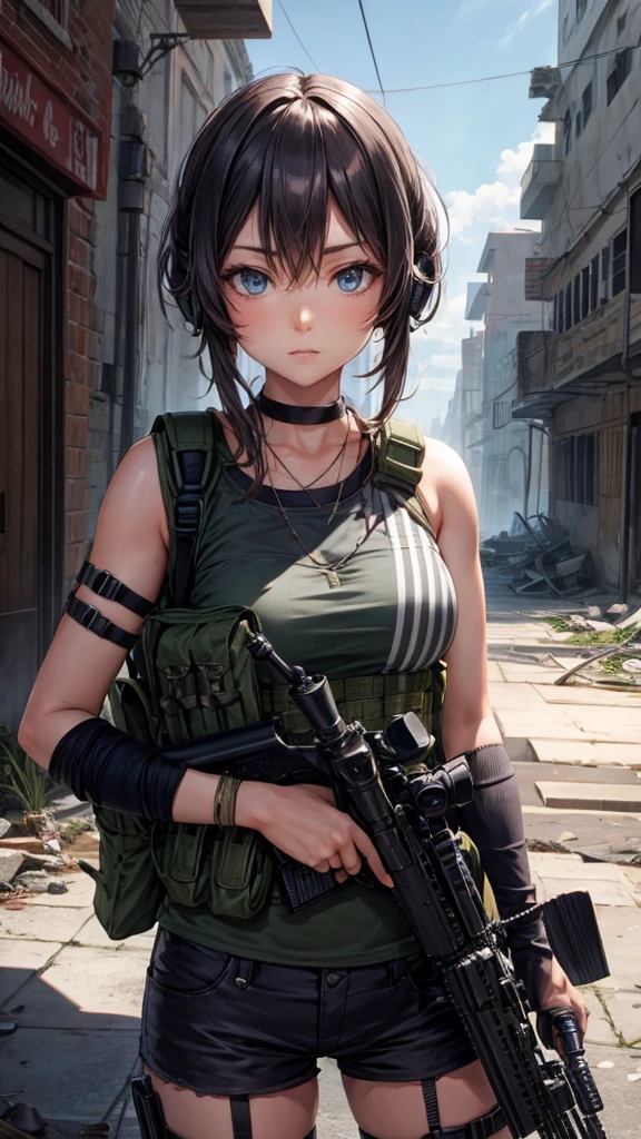 In the ruined city，wearing a grenade pouch，Barrett sniper rifle，