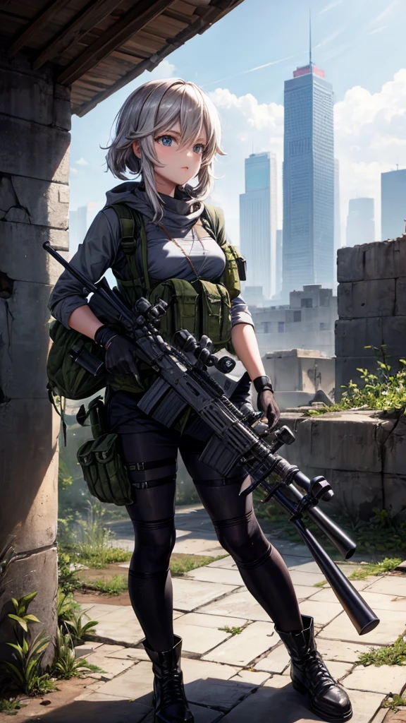 In the ruined city，wearing a grenade pouch，Barrett sniper rifle，