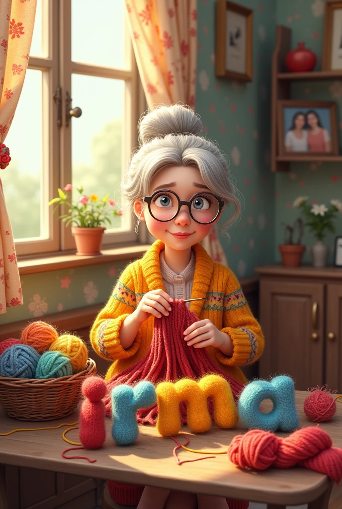 Irma's name with a grandmother knitting and yarn