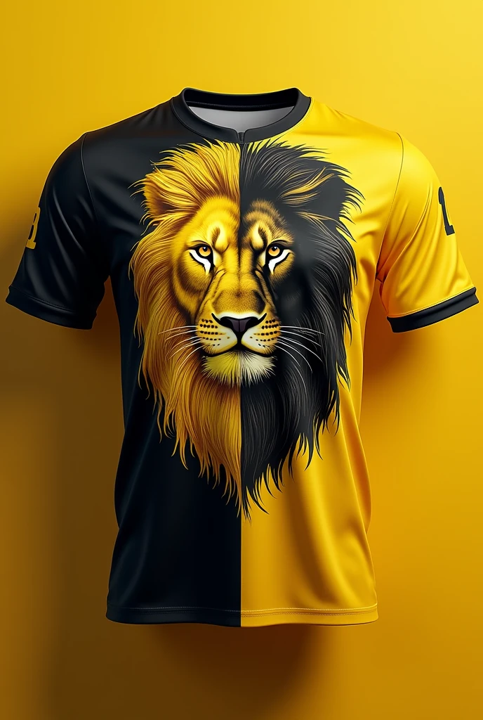 'first creat a" jersey shirt " were i can see the front with a color combination of half yellow and half black then put a tag name " BSBA " then drawing a lion behind the tag name only yellow and black color is used please a realistic one and fill the whole shirt of a head of a lion